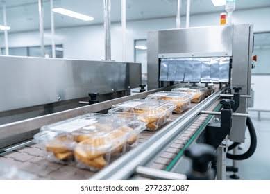 Filling and packaging line at a food processing plant